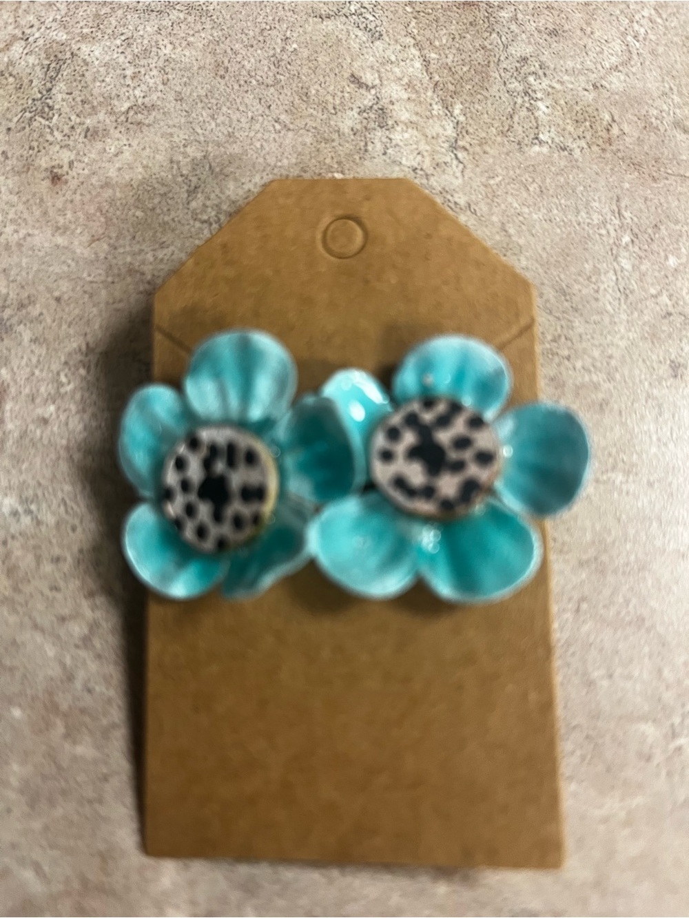 Turquoise Flower Earrings with Leopard-Print Center